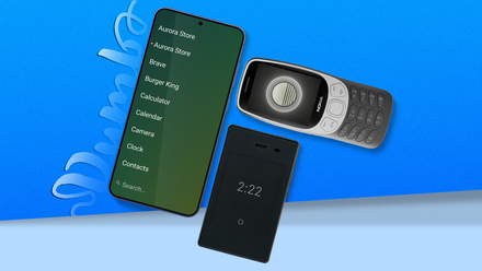 A minimalist Android phone interface beside two dumb phones.