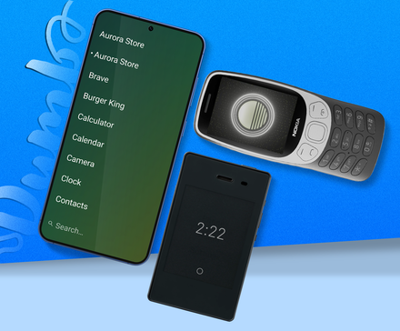 A minimalist Android phone interface beside two dumb phones.