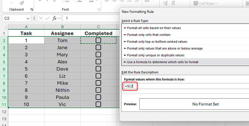 A mixed reference is typed in the formula field in Excel's New Formatting Rule dialog box.