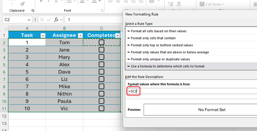 A mixed reference is typed in the formula field in Microsoft Excel's New Formatting Rule dialog box.