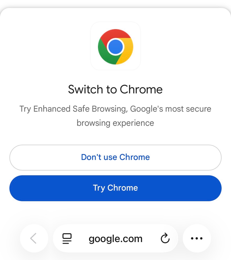 A pop-up in Safari on an iPhone asking if you want to switch to using Chrome.
