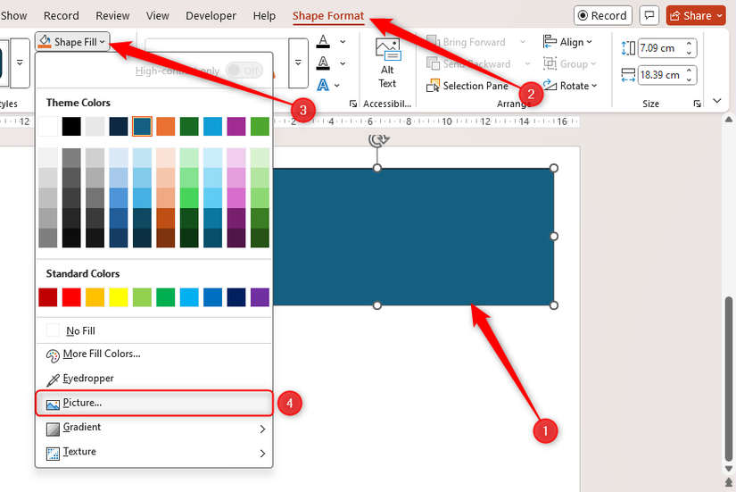 A rectangle in a PowerPoint slide is selected, and the option to fill the shape with a picture is highlighted.