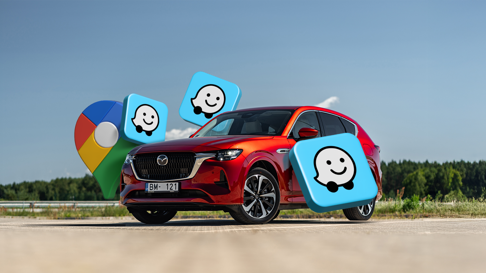 A red car parked outdoors surrounded by floating Waze and Google Maps icons.