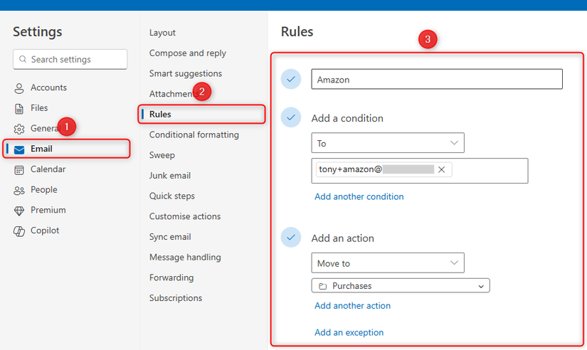Uma regra no novo aplicativo Outlook para Windows que move todos os emails enviados para um endereço de email positivo para a pasta Compras.