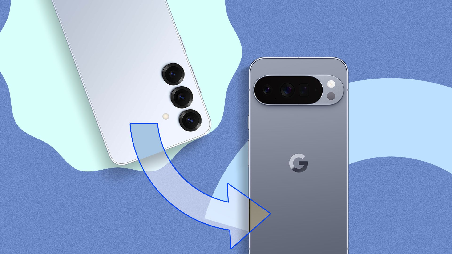 A Samsung Galaxy S25 beside a Google Pixel 10, with a curved arrow pointing from the Samsung to the Pixel.