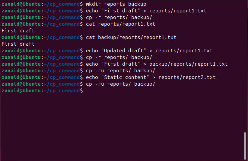 A series of commands to demonstrate the -u flag works with the cp command on Linux.