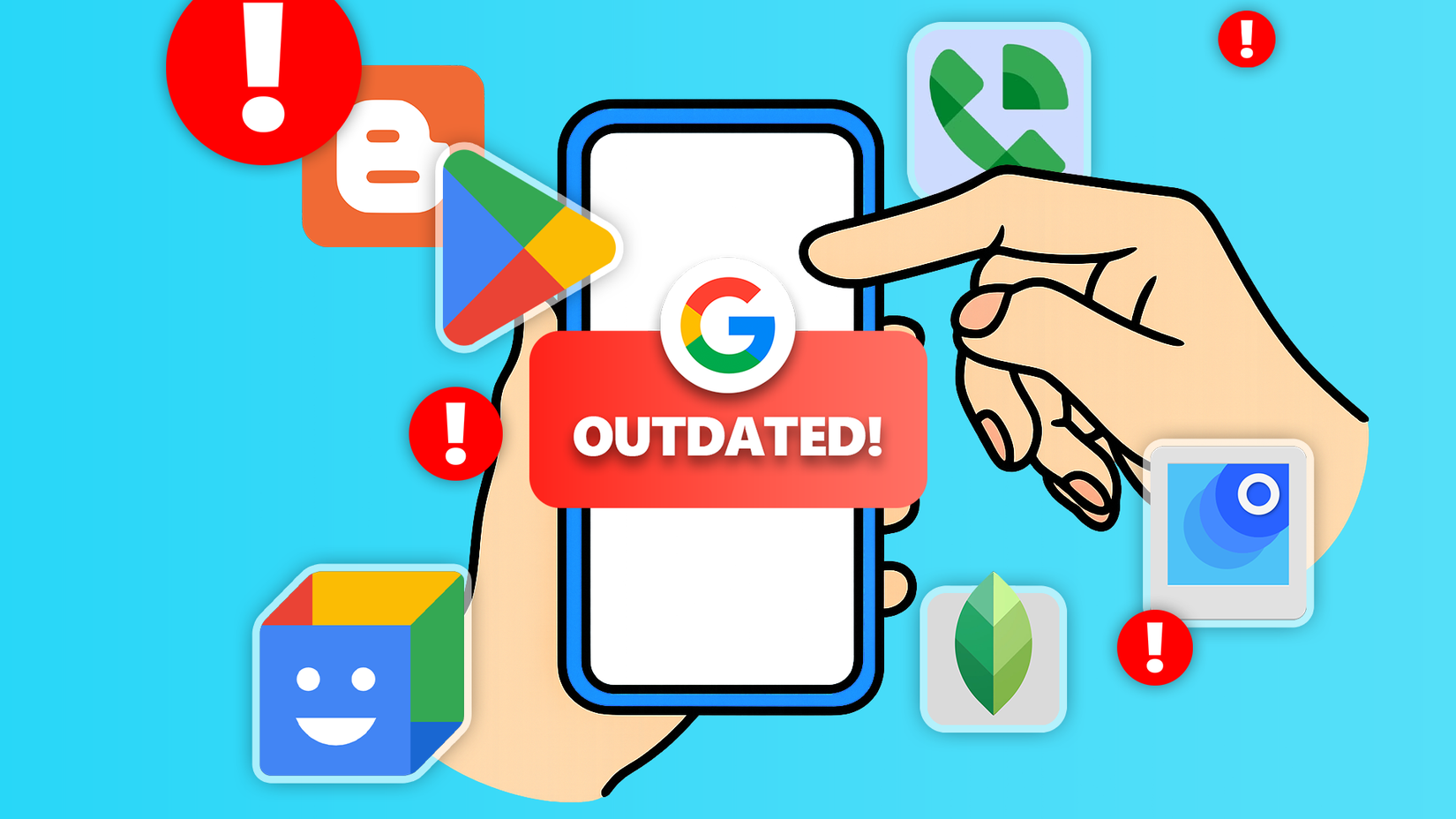 A smartphone screen showing a large 'Google Outdated!' alert, surrounded by icons of old Google apps like Blogger, Snapseed, PhotoScan, Action Blocks, and Google Voice, each marked with red warning symbols.