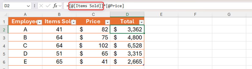 A structured reference to a column header with more than one word in Excel contains double square brackets.