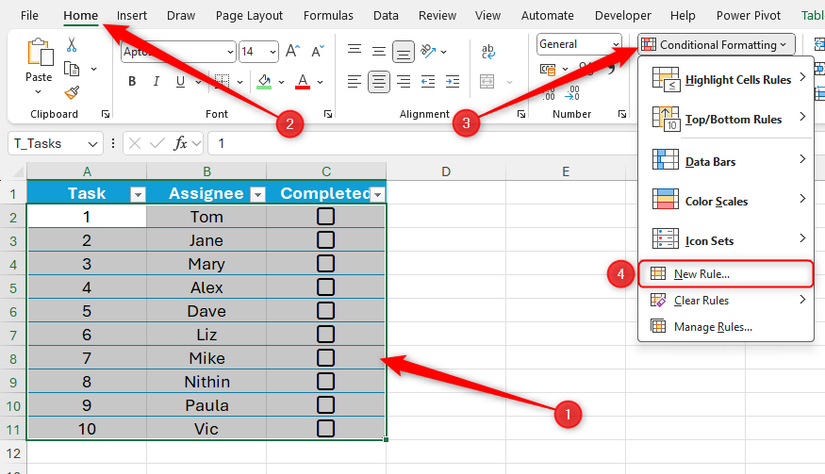 A table in Excel is selected, and New Rule in the Conditional Formatting dropdown menu is highlighted.