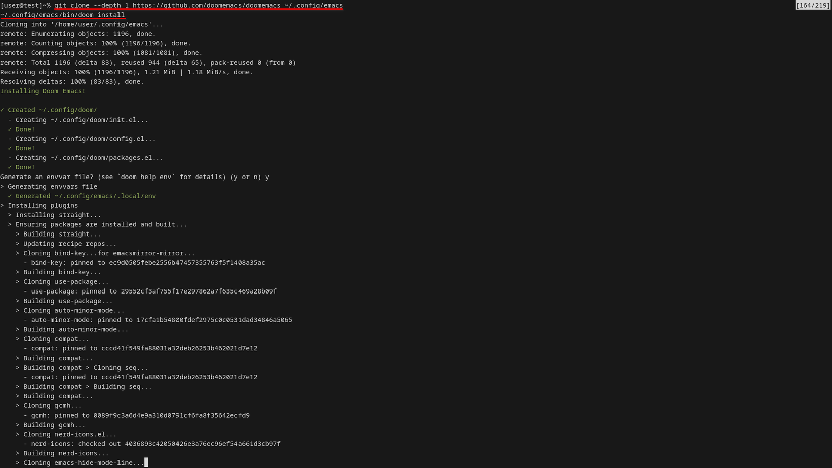 A terminal window displays the Doom Emacs installation text. There are around 60 lines of text on the screen.