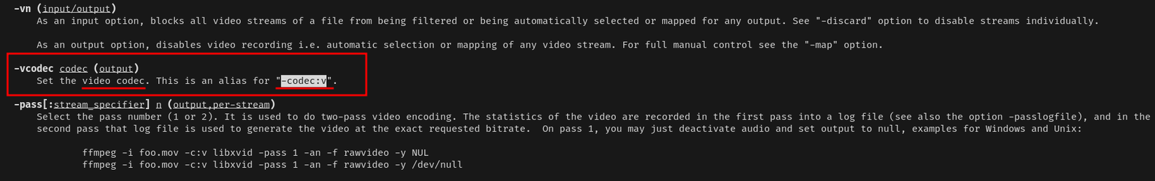 A terminal window displays the man page for the FFmpeg command. On the screen, the codec option is highlighted, and it shows that the letter v stands for video.