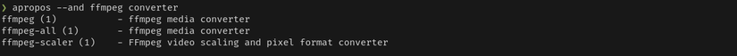 A terminal window displays the output from the apropos command. Specifically, it displays the results for an FFmpeg converter query. On the screen is a list of FFmpeg converter-related man page names.