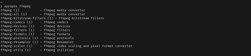 A terminal window displays the output from the apropos command. Specifically, it displays the results for an FFmpeg query. On the screen is a list of FFmpeg-related man page names.