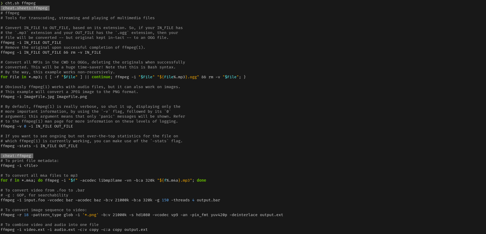 A terminal window displays the output of the cheat dot SH command. It displays comprehensive descriptions for FFmpeg command examples.