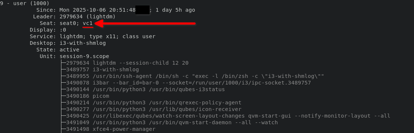 A terminal window displays the output of the loginctl command. This shows that the current desktop session was launched via TTY1. There is also a lot of hierarchical text associated with the screen.
