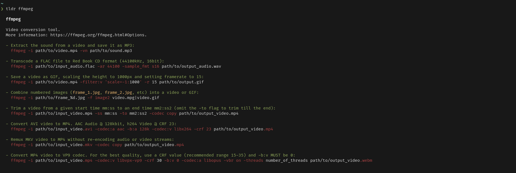 A terminal window displays the output of the tldr command. The text shows a summary for FFmpeg commands.