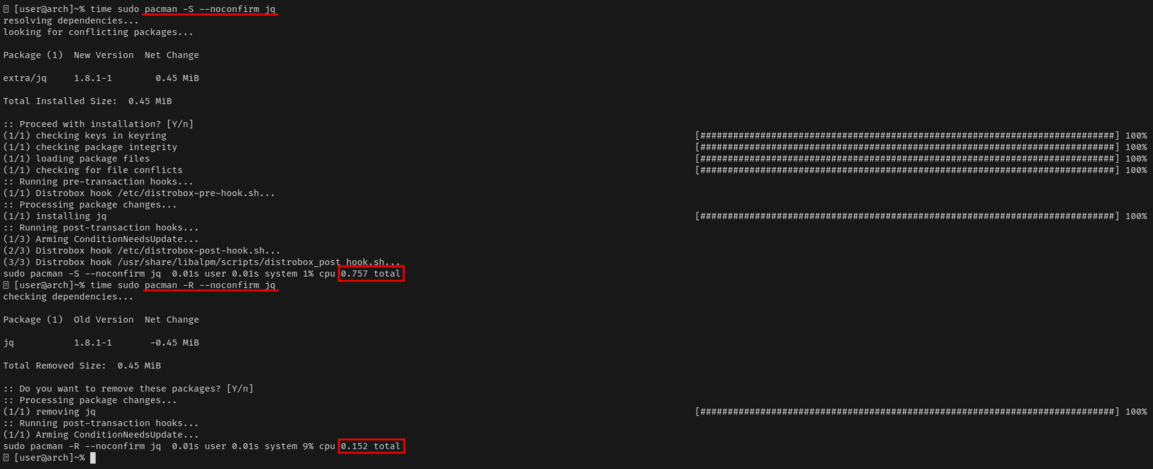 A terminal window displays the pacman command installing and uninstalling a small package. Each command completes in under a second.