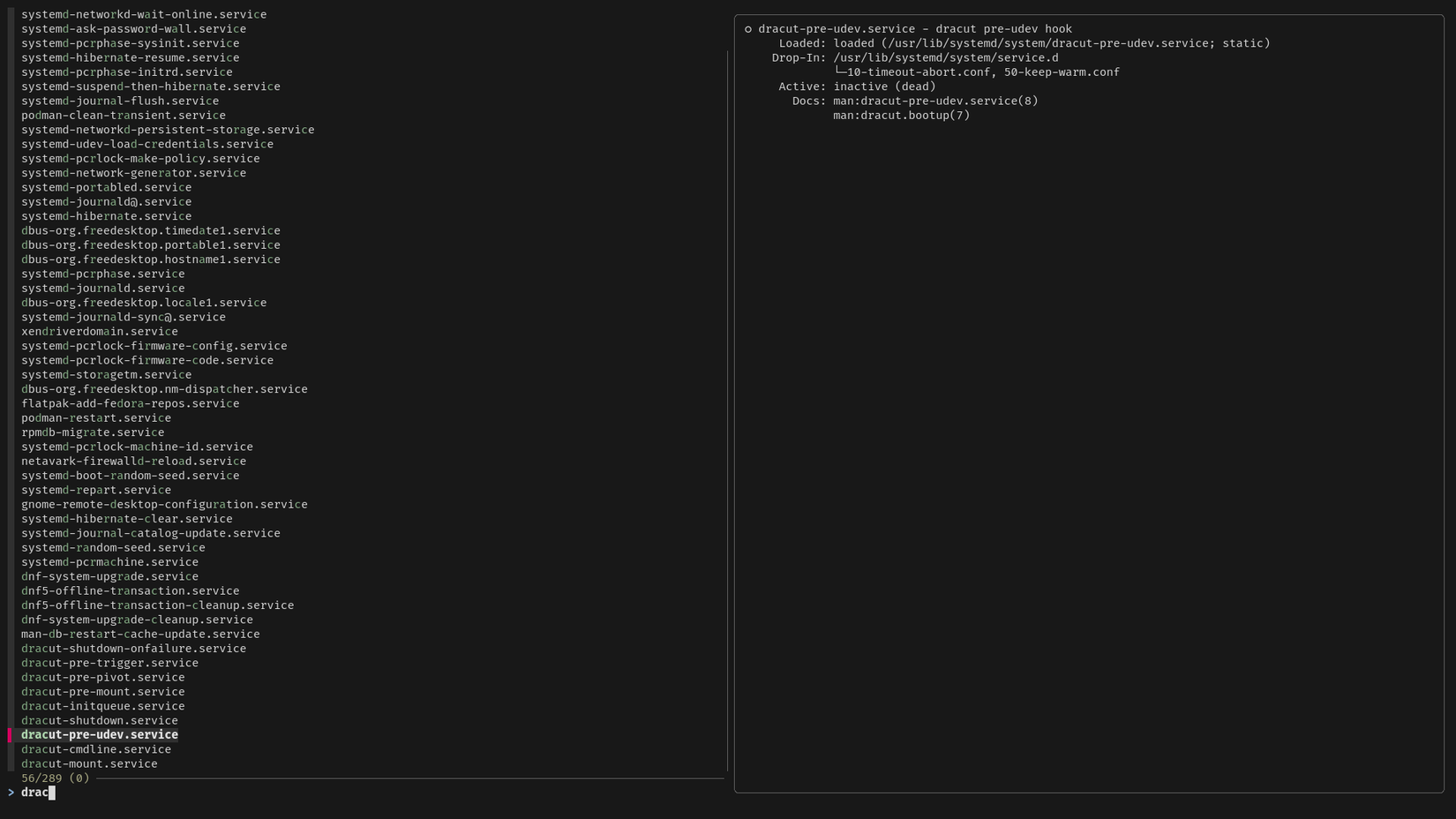 Uma janela de terminal exibe dois painéis de janela divididos verticalmente. No lado esquerdo está uma lista de serviços; no lado direito está uma janela de visualização, que exibe detalhes sobre o serviço selecionado.