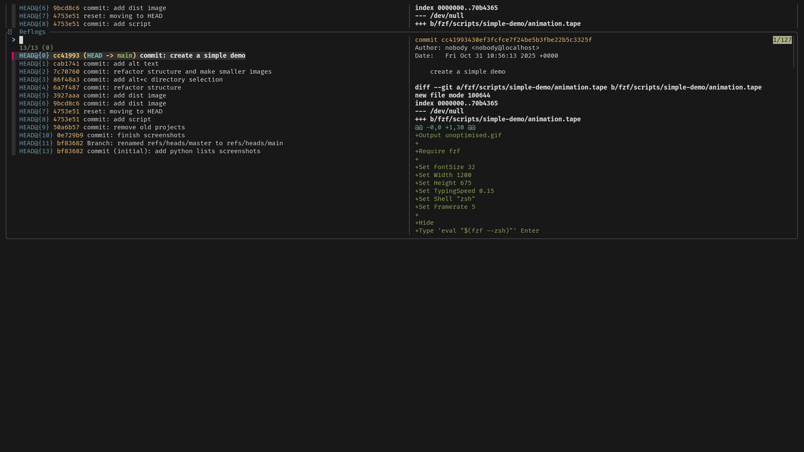Uma janela de terminal é dividida verticalmente. No lado esquerdo está uma lista de commits do Git; no lado direito estão as informações do item selecionado.
