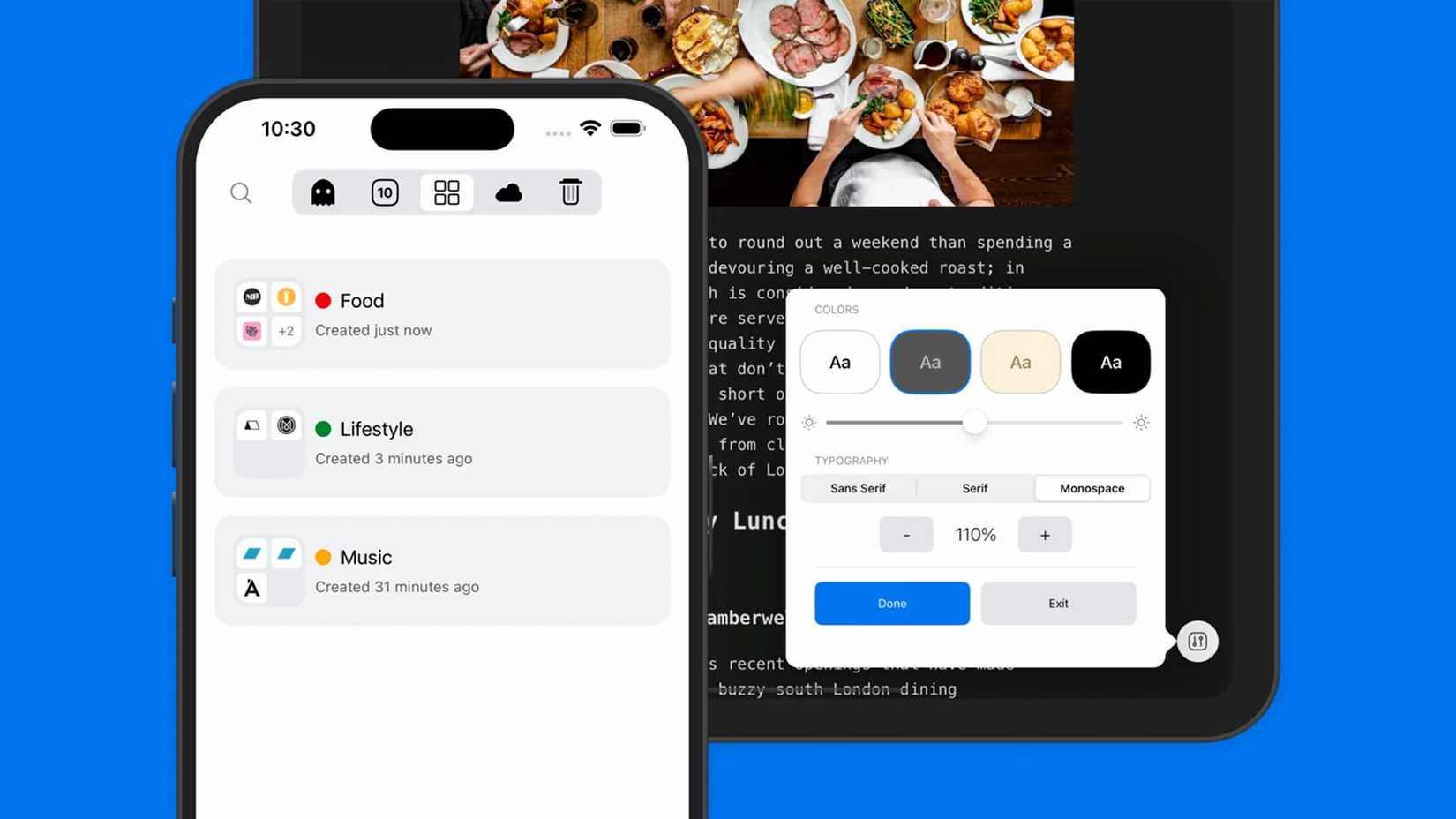 Um navegador vivaldi no celular mostrando alguns novos recursos, como pilhas de guias e modo leitor