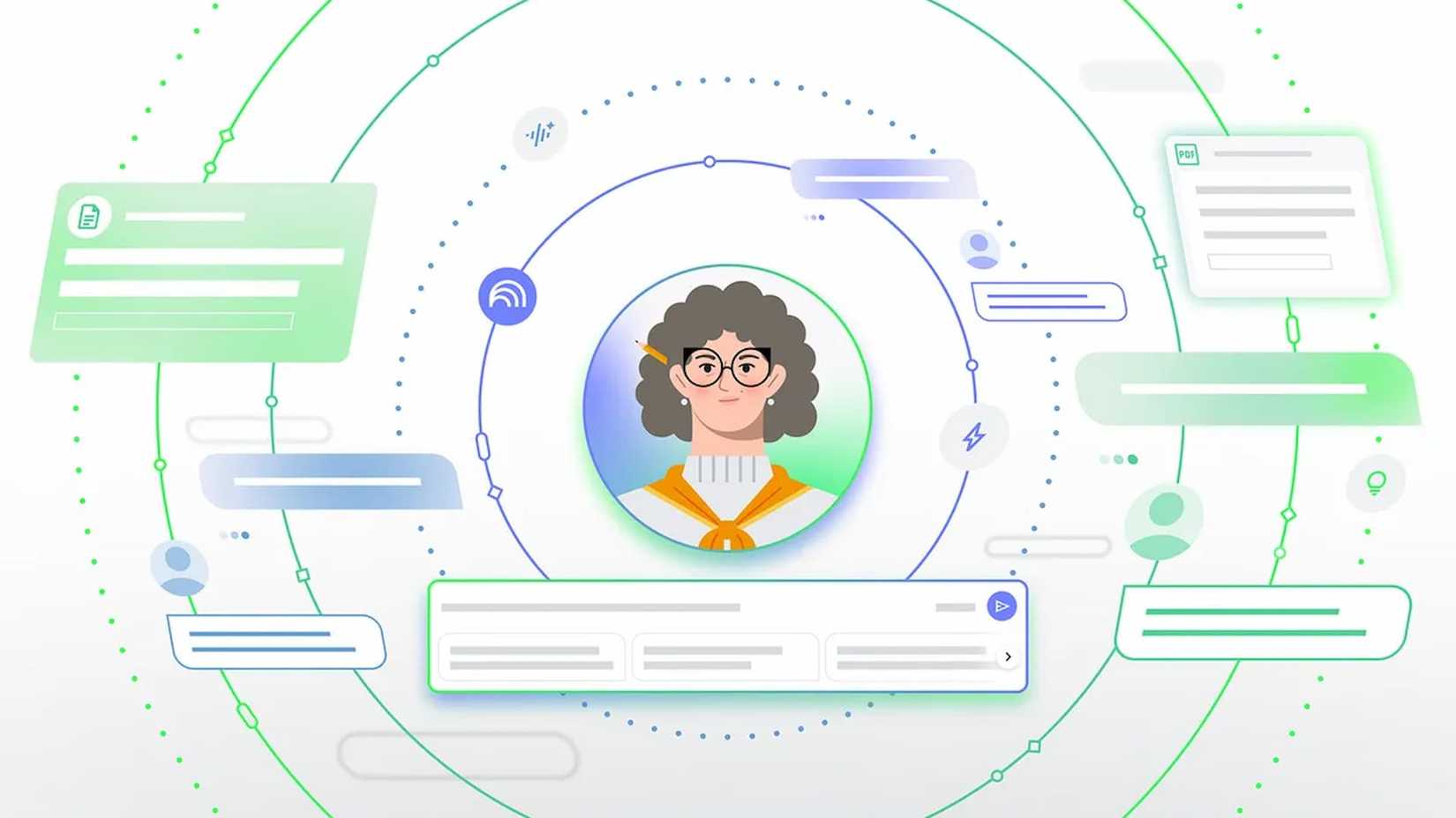 Uma mulher no meio de muitos círculos com balões de pensamento vazios no NotebookLM