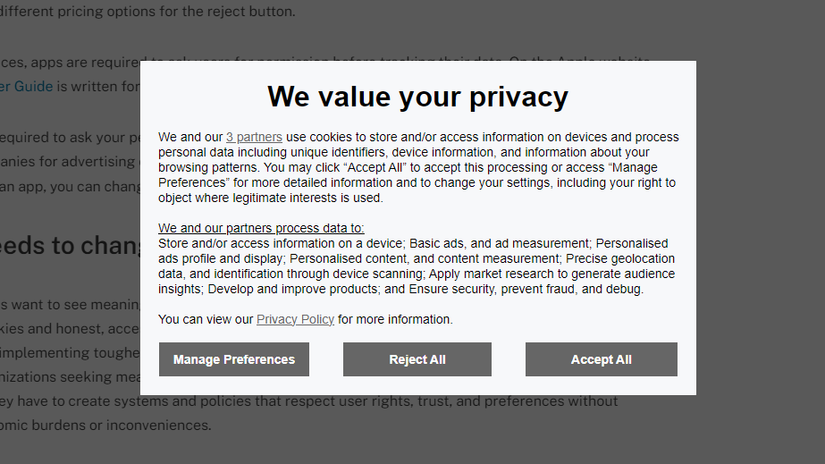 Um banner de consentimento de cookies em um site.