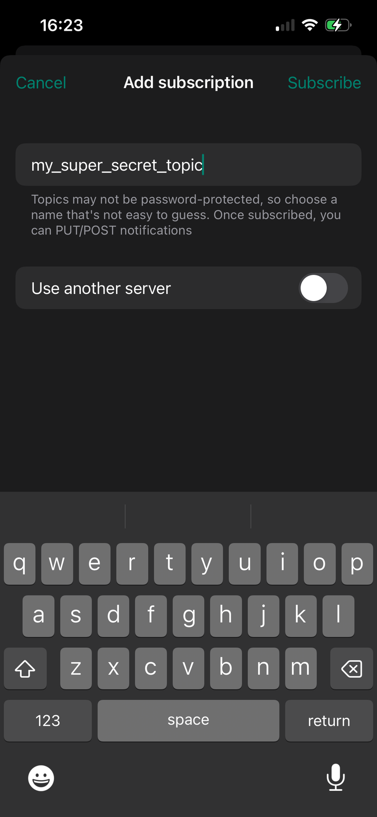 Adding a subscription to ntfy.sh.