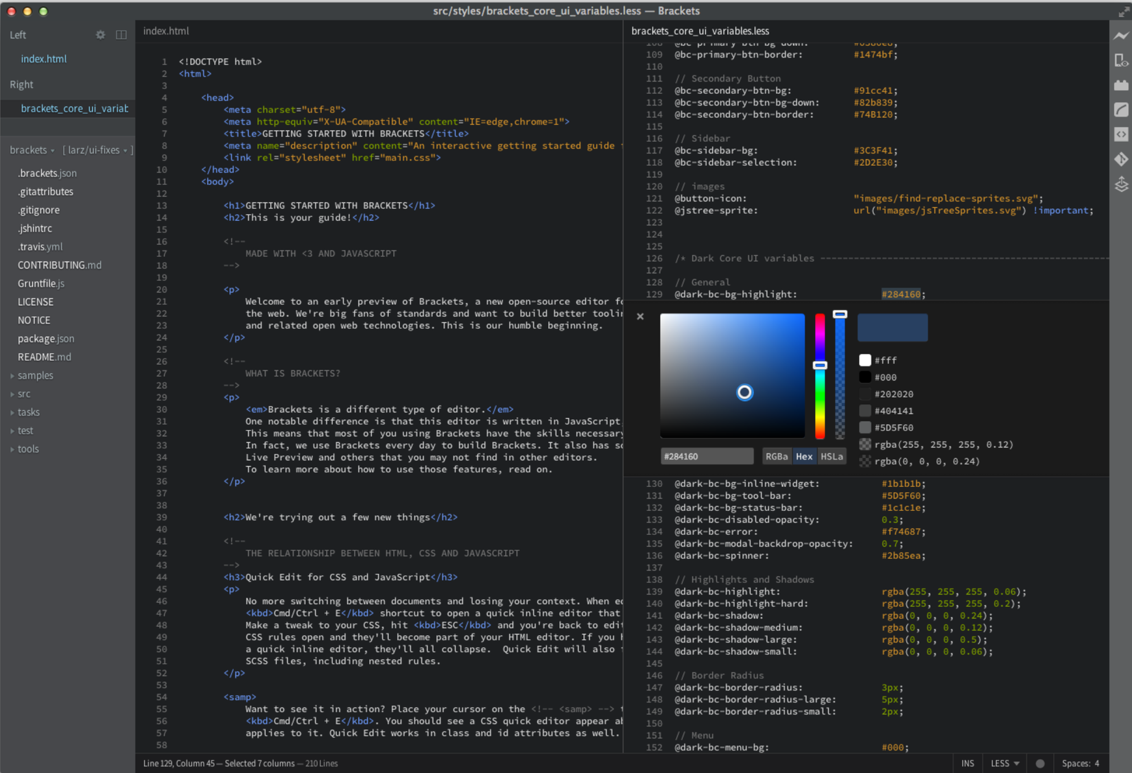 Скриншот Adobe Brackets — легковесного open-source редактора для веб-разработки.