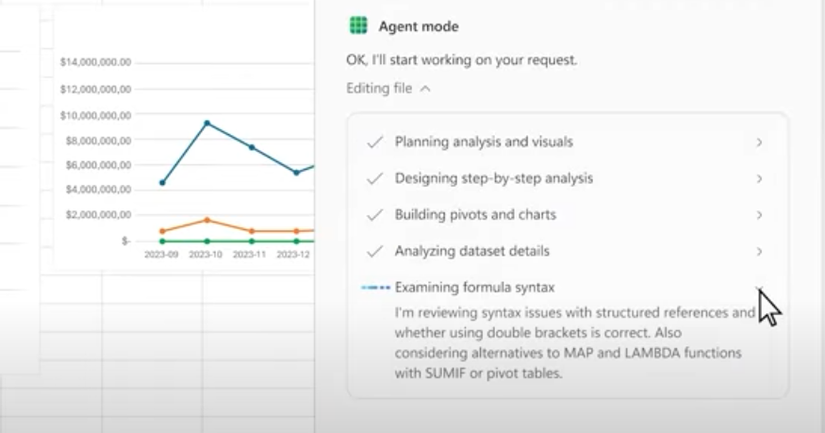 Modo Agente no Excel para a Web explicando as etapas que ele executa em resposta a um comando.