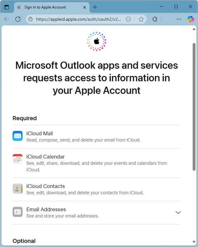 Permitindo acesso a uma conta iCloud para Outlook