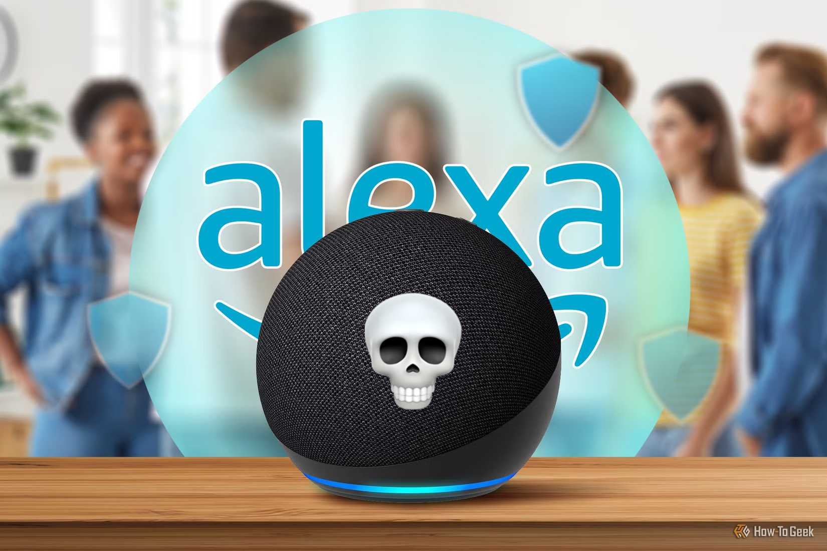 Amazon Alexa Echo dot with a skull emoji.