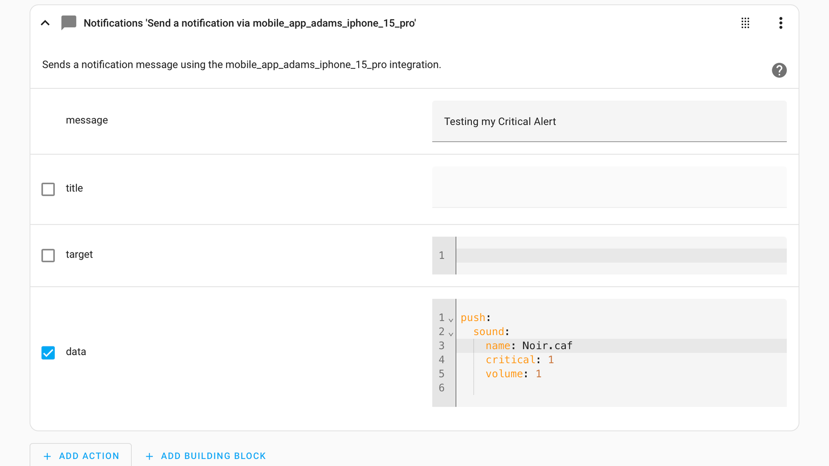 A Home Assistant automation containing a critical notification with a system sound in place of the default sound.