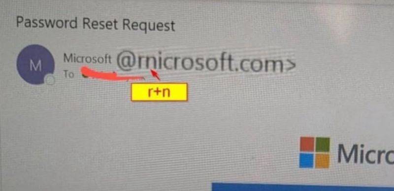 An email address where “rn” is disguised to look like “m.”