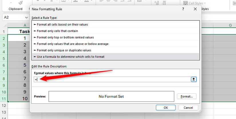 An equal sign is typed into the formula field in Excel's New Formatting Rule dialog box.