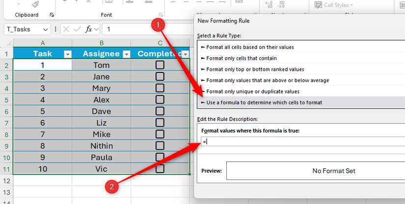 An equal sign is typed into the formula field in Microsoft Excel's New Formatting Rule dialog box.