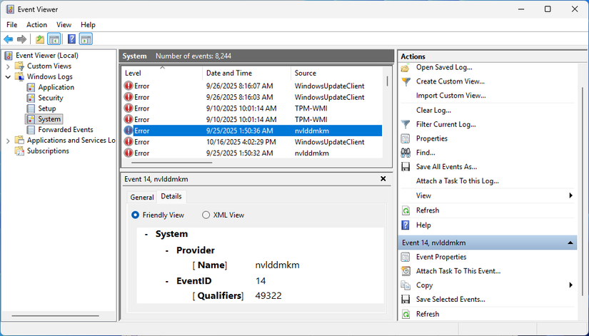 Um erro relacionado a um driver NVIDIA.