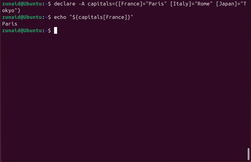 Um exemplo de declaração de um array associativo e acesso ao seu elemento.