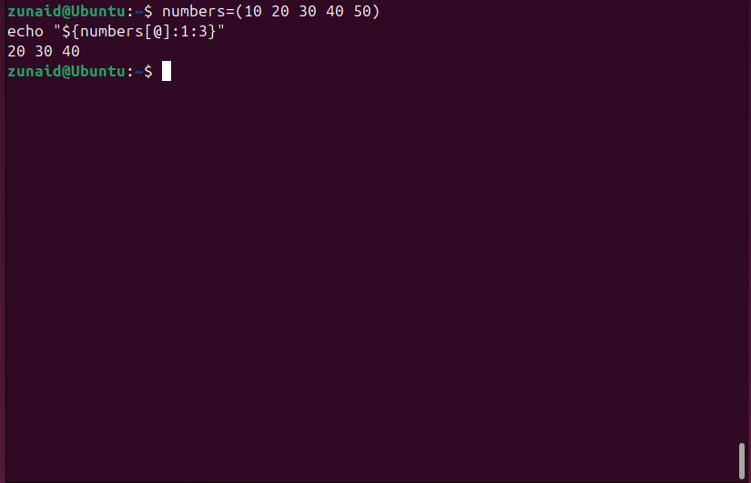 Um exemplo de fatiamento de um array Bash.