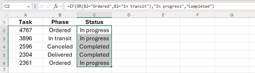 An Excel file with statuses in column C, generated by nesting the OR function inside IF to evaluate the values in column B.