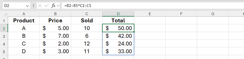 Uma planilha do Excel contendo uma fórmula cujos resultados se espalham por várias células porque faz referência a intervalos.