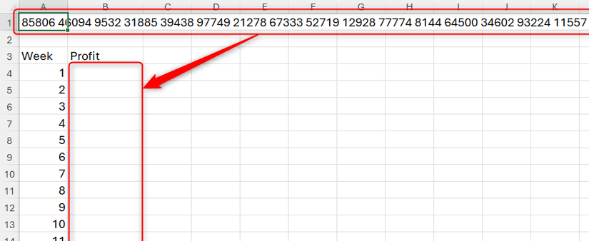 An Excel spreadsheet containing a space-delimited string of numbers in cell A1, and an area beneath where these numbers are to be split into individual rows.