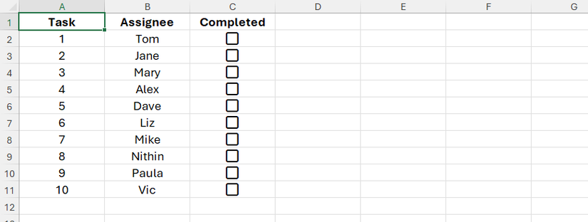 An Excel spreadsheet, with tasks in column A, assignees in column B, and checkboxes in column C.