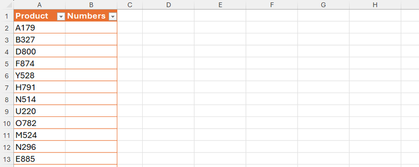 An Excel table with product codes in column A, and a blank column B where the numbers will be extracted from the codes.