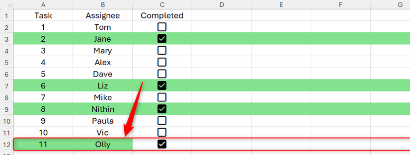 An Excel worksheet containing inconsistent conditional formatting rules because an extra row was added to a regular range.