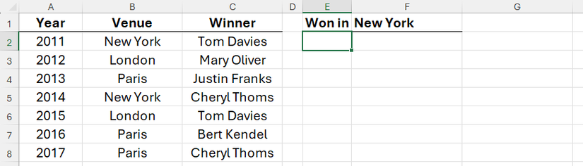 An Excel worksheet, with years in column A, venues in column B, and winners in column C, with a space on the right where New York winners will be extracted.
