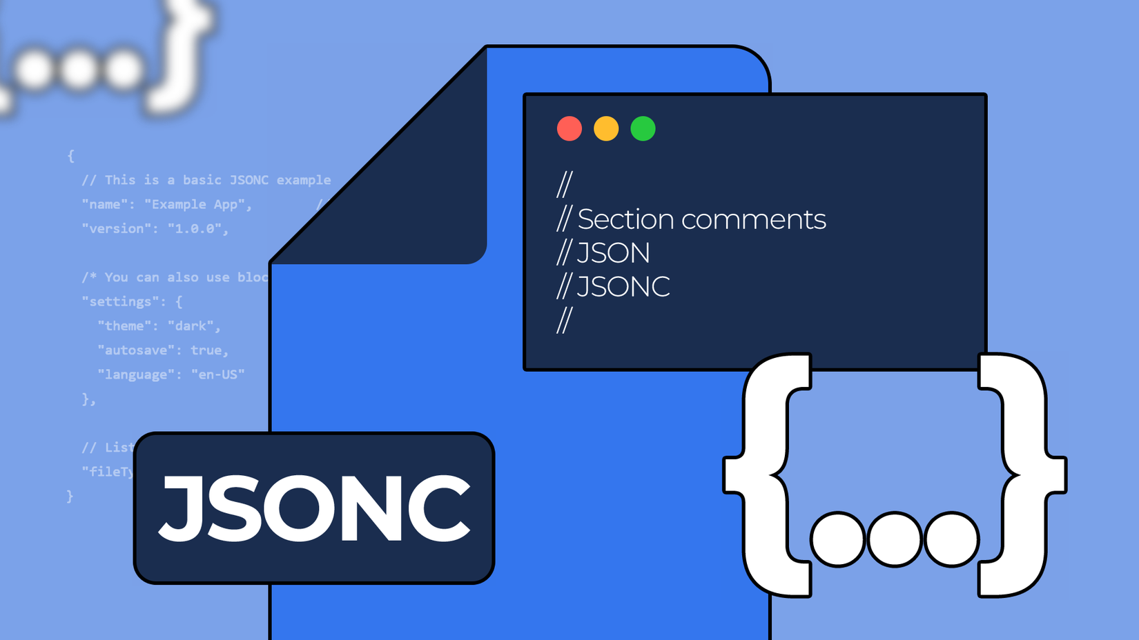 An illustration showing a blue JSONC file icon, a dark code window with comment lines and white curly brace symbols.