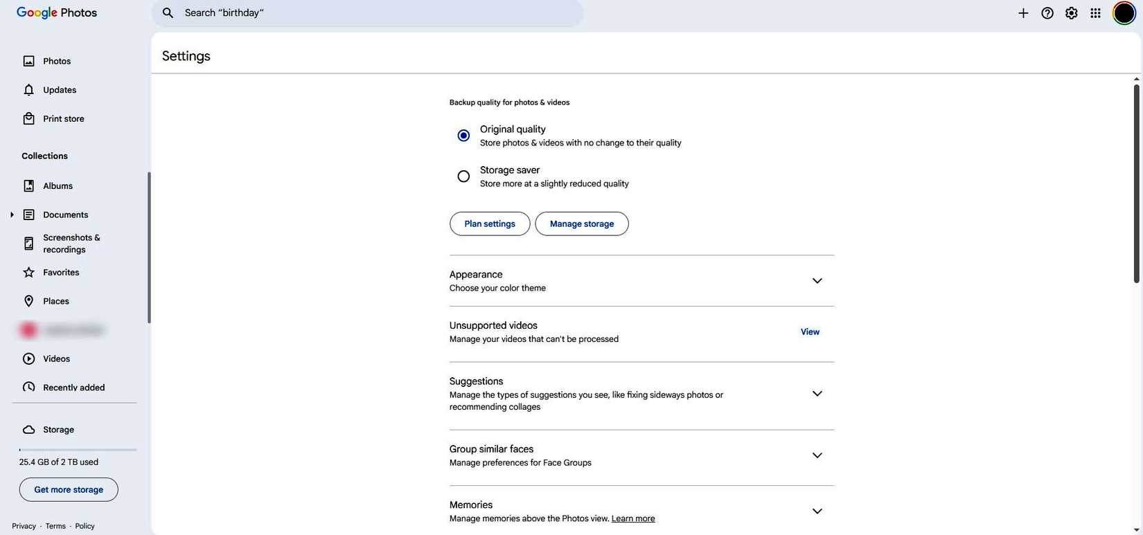 Uma imagem da configuração do Google Fotos de alguém mostrando que a qualidade original foi escolhida.
