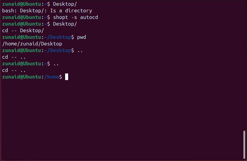 Uma instância do recurso autocd mudando para um diretório sem digitar o comando cd.
