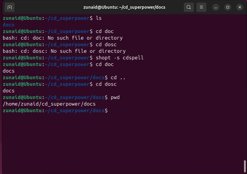 Uma instância do cdspell apresenta autocorreção de nomes de diretório e alteração para eles.
