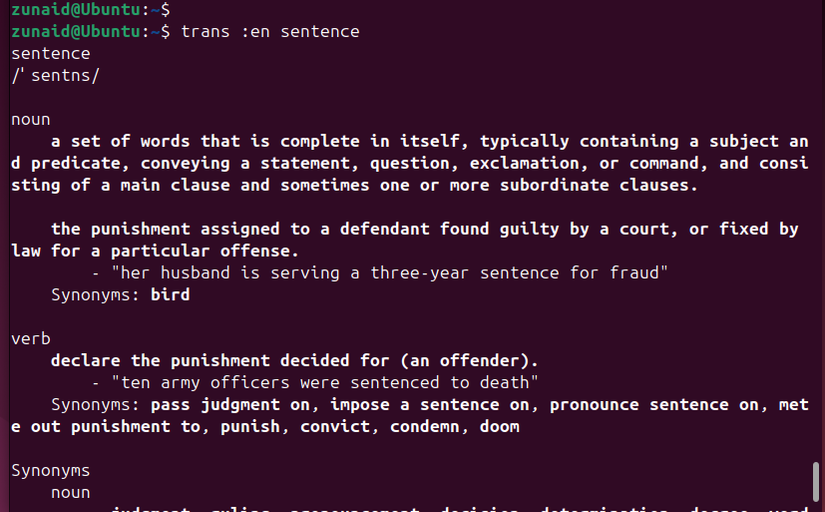 Uma instância do modo de dicionário do Translate Shell.